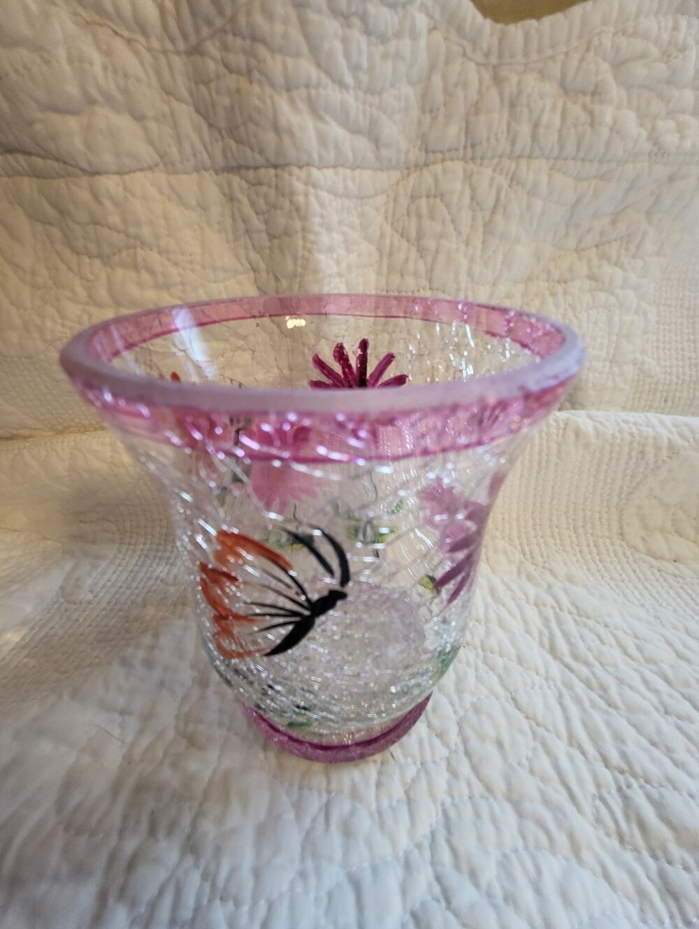 Hand-Painted Pink Floral Crackle Glass Vase - Picture 2 of 12